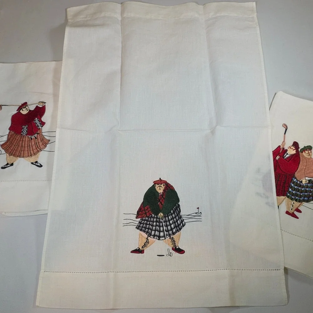 Scottish Golfers White Embroidered Tea Towels Set of 3 Ramie Cotton